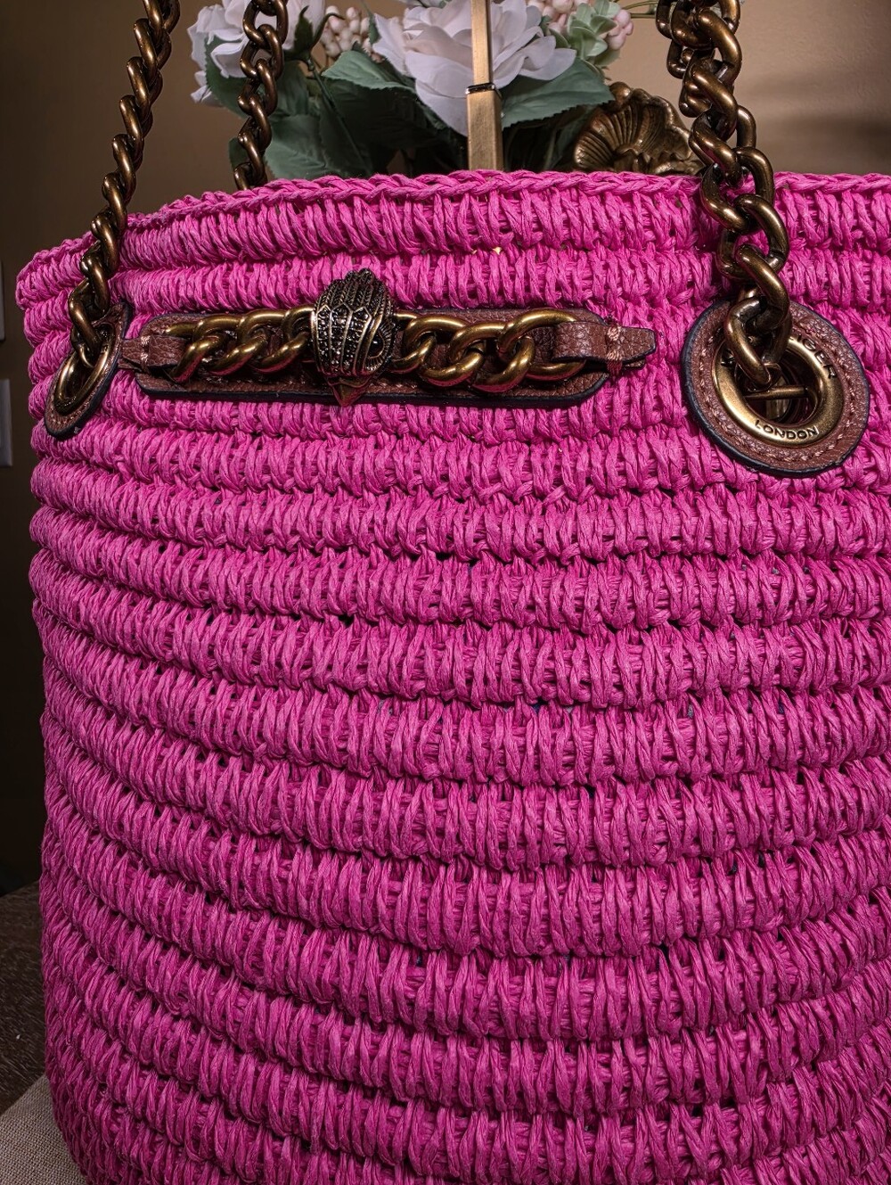 Kurt Geiger Hot Pink Brixton Raffia Chain-Handle Tote Shoulder Bag (Retail $285) - Picture 5 of 14